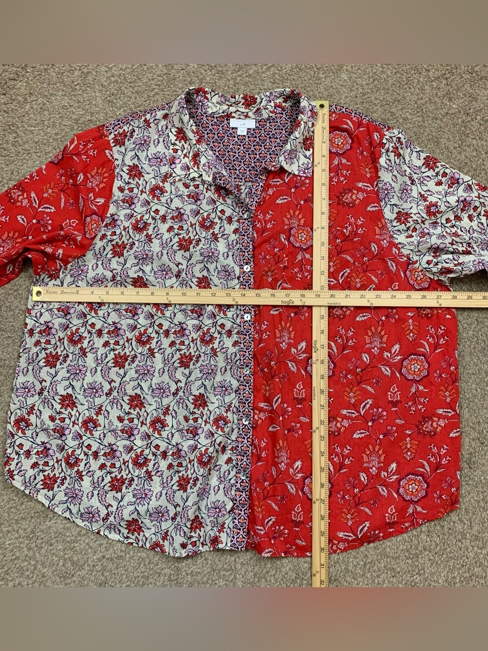 J Jill Shirt Womens 4X Red Colorblock Floral Button Up Cotton Long Sleeve Boho - Picture 11 of 12